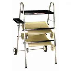 Steel mobile masking dispenser with integrated cutter, designed to hold two 18-inch rolls of paper in horizontal orientation. Suitable for use in painting, automotive refinishing, and industrial masking applications where mobile dispensing and cutting of masking paper is required.