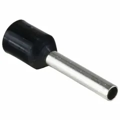 Black nylon insulated ferrule for terminating a single stranded wire. Ferrule diameter 0.08 in. Used to prevent fraying and ensure secure connections in terminal blocks for control panels and electrical installations.
