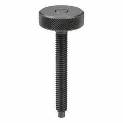 This knurled-head hand knob screw features a dog-point tip for precise locating in mating holes or slots. The knurled head provides a secure grip for manual tightening without tools. Thread size is 3/8"-16 with a 2 1/4 in thread length. Suitable for adjustment and positioning in fixtures and jigs.