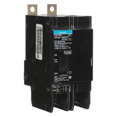 SIEMENS BQD2100 Miniature Circuit Breaker, 100A, 480V AC, 2-Pole, Std - BQD Series, Bolt-On Siemens Miniature Circuit Breakers