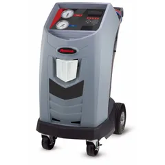 This machine recovers, recycles, and recharges R-134a refrigerant for hybrid vehicles. It meets SAE J2788 standards and includes vacuum leak test function. Features a QVGA color LCD display and Wi-Fi capability (receiver not included). Uses an external tank.