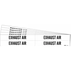 White adhesive pipe marker with black legend reading 'Exhaust Air', designed for pipes with outer diameter from 3/4 to 2-3/8 inches. Each pack contains 4 markers without directional arrows, supplied in a 5-pack quantity. Used to identify exhaust air lines in piping systems.