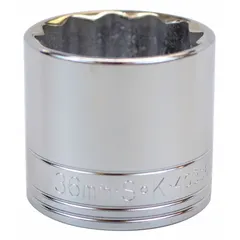 This 1/2" drive hand socket features a 36 mm 12-point standard configuration and is constructed from chrome. It is designed for tightening or loosening metric fasteners with a 36 mm head in automotive, industrial, and mechanical applications.