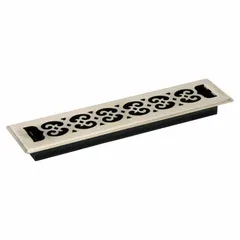 This floor register covers HVAC floor openings and directs airflow in one direction. The grille is made of steel with an antiqued brass finish and non-adjustable blades. Suitable for residential or light commercial spaces where a decorative brass appearance is desired.