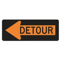 Rigid orange aluminum detour sign, 0.08 in thick, with nominal size 18 in x 48 in. Features High-Intensity Prismatic retroreflective sheeting for visibility. Complies with MUTCD standard M4-10L. Used for temporary traffic control in construction zones and road work to guide drivers around detours