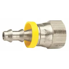 This 303 stainless steel push-on hose fitting features a 1/4 in x 1/4 in male x female swivel straight configuration with hose barb x UNF connections. Designed for air, water, and chemical applications, it is suitable for multipurpose fluid handling in industrial systems.