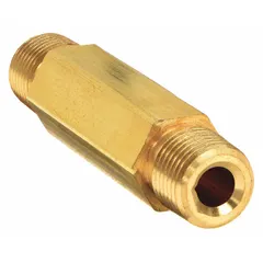 This brass hex nipple is a threaded extreme-pressure instrumentation pipe fitting with 1/8 in NPT connections and a 2 in length. Rated for a maximum operating pressure of 5,600 psi, it is used to connect two female threaded ports in hydraulic, pneumatic, and process control systems requiring a leak-free joint.