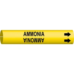 This snap-on pipe marker is designed for ammonia service and fits pipe outer diameters from 1-1/2 to 2-3/8 inches. It includes English text and directional arrows to clearly identify ammonia lines in industrial facilities. The marker is made of plastic and meets typical marking requirements for hazard communication.