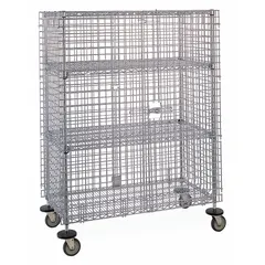 Steel mobile security cart with two internal wire shelves for organized storage and transport. Overall dimensions: 48 in length, 24 in width, 5 3/4 ft height. Suitable for moving sensitive equipment or materials in laboratory, cleanroom, or industrial settings.