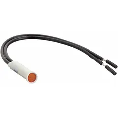Amber neon indicator pilot light with a nylon body and flush-mount design. Features a 5/16 in panel mounting hole diameter and 6 in wire leads for electrical connection. Used on industrial control panels, machinery, and equipment to provide a clear visual status signal.