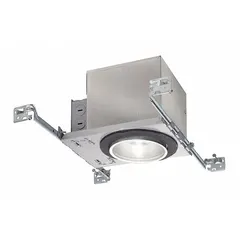 New construction recessed LED downlight housing for flat ceilings. Operates on 120 to 277V AC, delivers 600 lumens at 3500K and 90 CRI, consumes 8.9 W, and is dimmable. Trim color and style are available separately; unit includes no reflector or baffle.