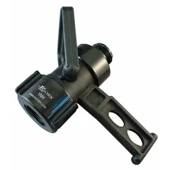 This adjustable single gallonage shutoff nozzle features a rigid NST-threaded base and a plastic body. It activates by a lever on a ball valve, serving as a shut-off accessory for fluid-handling systems in applications such as washdown, cooling, or process fluid management.