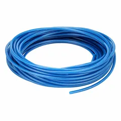 Polyurethane tubing with 1/4 in inner diameter and 3/8 in outer diameter, 100 ft length, blue color. Hardness Shore A 90 to 95, maximum operating pressure 170 psi at 73°F. Suitable for pneumatic control lines, fluid transfer, and instrumentation in industrial automation and material handling systems.
