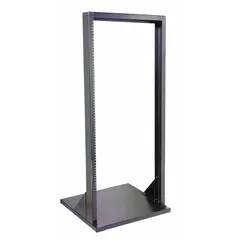 This 27-rack-unit open-frame server rack from VIDEO MOUNT PRODUCTS is constructed from steel with a powder-coated finish. Measuring 49 1/4 inches by 20 inches by 20 inches, the 2-post design is suited for mounting AV equipment, network gear, and patch panels in structured cabling environments.