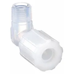 This PFA 45-degree flare tube fitting features a flared/threaded connection with 1/4 in pipe and 3/8 in OD fitting size. Constructed from PFA material, it meets FDA Approved standards for material safety. Commonly used in high-purity fluid systems for directional flow changes.