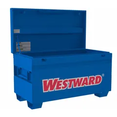 This chest-style jobsite box provides 16 cu ft of storage capacity for tools and equipment. It measures 48 inches wide, 24 7/16 inches deep, and 27 13/16 inches high, with a blue finish. The recessed padlock hasp allows for user-supplied padlock security, suitable for construction sites and workshops.