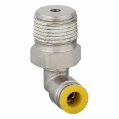 Nickel-plated brass tube fitting with Push-to-Connect x BSPT connection. Accepts 10 mm OD tubing and 1/2 in BSPT thread. Suitable for connecting tubing to threaded ports in fluid systems.
