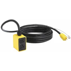 Pendant drop outlet box with 25 ft, 12/3 gauge cable and NEMA 5-20P plug. Provides four outlets rated 20 A at 125V AC. Temperature rating -40° to 194°F. Used for temporary power distribution in industrial and commercial settings where overhead suspension is required.