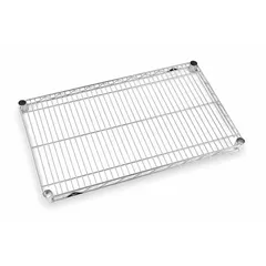 This METRO wire shelf measures 36 inches by 30 inches and is designed for dry environments. It features a chrome finish on steel, with a split sleeve type and a load capacity of 800 pounds. NSF approved, it is suitable for organizing supplies and equipment in commercial or industrial dry storage areas.