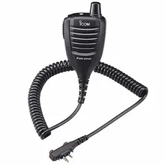 Black speaker microphone with Push To Talk and 2-pin connector. Compatible with ICOM F1000, F1100D, F2000, F2100D, F3001, F3230D, F4001, and F4230D series radios. Used for two-way radio communication in mobile or portable setups.