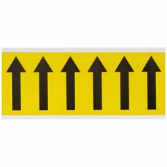 Individual die-cut arrow character with 3-inch height, Gothic font, black on yellow, non-reflective material for indoor use. Suitable for facility marking and directional identification in warehouses, plants, and commercial buildings. No self-spacing or aligning feature.