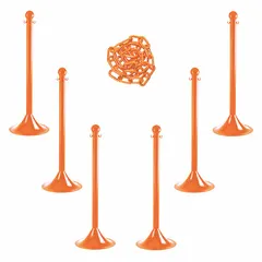 Solid-Color Plastic Chain Barrier System, Safety Orange, 6 Posts, 50 ft Chain