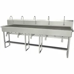 This five-station freestanding wash station is constructed from 16-gauge material and includes faucets. It features a 97-inch bowl length, 8-inch bowl depth, and a flow rate of 0.5 gpm. Side splash is not included. Suitable for high-traffic handwashing areas in commercial and institutional settings.