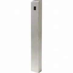 This stainless steel pedestal for gate operators has a polished silver finish and measures 4 inches by 6 inches with a 47-inch overall height. It includes a Door Open Button and is suited for access control applications at commercial or industrial gates.