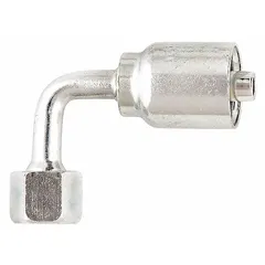 Steel 90° long elbow crimp fitting with ORS (O-Ring Seal) connection on one end and crimp connection for -16 hose dash size. Female x genderless configuration with 0.511"-27 thread. Used in hydraulic systems to connect hose to ORS ports, providing leak-resistant sealing in fluid power applications.