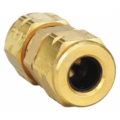 Brass compression fitting union for joining two 3/8 in OD tubes. Suitable for oil, fuel, and coolant systems in industrial fluid handling, hydraulic circuits, and lubrication lines. Sold in a 10-pack.
