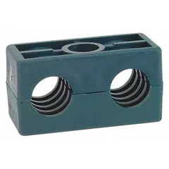 This beta clamp features a 304 stainless steel outer clamp and a polypropylene cushion with a textured core for vibration dampening. It is used to secure and cushion tubing or piping in industrial systems, reducing vibration and noise.