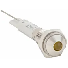 Yellow LED pilot light with raised head for panel mounting in a 6 mm hole. M06 size. Electrical connection via solder leads. Used on industrial control panels and machinery to indicate operational status.