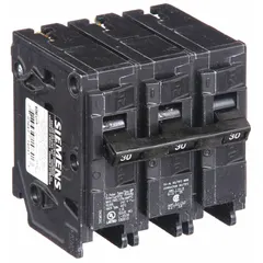 Three-pole miniature circuit breaker rated 30 A at 240V AC. Plug-in design for use in compatible load centers. Provides overcurrent protection for branch circuits in residential and commercial electrical distribution panels.