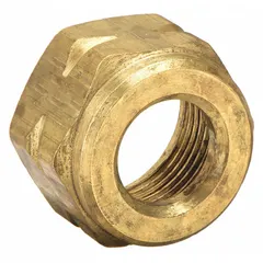 Brass compression fitting nut for 3/8 in OD tubing, sold in a 10-pack. Used in oil, fuel, and coolant systems to secure tubing connections in industrial applications.