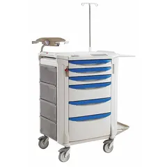 This polyethylene medical procedure cart features a taupe cabinet and white drawers. Its caster configuration includes two swivel casters and two swivel casters with brakes, providing maneuverability and stability. Suitable for organizing and transporting medical supplies and instruments in healthcare settings.