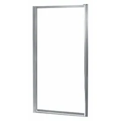 This pivot shower door features clear tempered glass for a clean appearance in bathroom installations. It fits openings with a minimum width of 27 in and a maximum width of 29 in, with an overall height of 65 in. Suitable for residential and light-commercial wet environments.