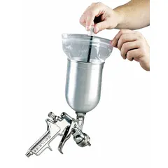 This spray gun cup liner kit is designed for 32 fl oz cup sizes and includes a piercing tool. It is used to line spray gun cups for paint and coating applications, simplifying cleanup and reducing solvent waste in industrial finishing operations.