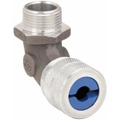 This 90° metallic cable grip provides liquid-tight strain relief for electrical cables entering junction boxes. It features a 3/4 in MNPT box connection, accepts cord diameters from 0.38 in to 0.50 in, and is constructed of silver aluminum with a blue color-coded grommet. Rated IP66 and Class I, Division 2 for hazardous locations, it is suitable for wet, dusty, or potentially explosive environments.
