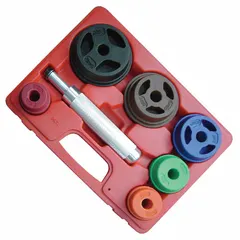 This 8-piece plastic bearing race and seal driver kit includes a handle grip and six driver sizes: 1.555, 2.322, 1.752, 2.992, 1.968, and 2.559 inches. Used for installing bearing races and seals in wheel hubs during vehicle and equipment maintenance.
