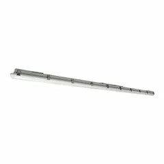 8 ft LED linear vapor-tight light fixture with selectable 3500K/4000K/5000K CCT. Delivers 8,450–11,700 lumens at 90 W. Operates on 120/277V AC. Steel housing with IP65 rating for protection against dust and water jets. Suitable for wet or dusty industrial environments such as parking garages, food processing plants, warehouses, and cold storage areas.