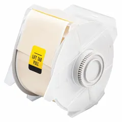 Vinyl, tan (gloss), outdoor continuous label roll measuring 1 1/8 in x 100 ft. Compatible with GlobalMark printer series. Used for creating durable identification labels for industrial equipment, pipes, and safety signage.