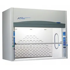 Ducted fume hood with 6 ft overall width and 37 3/4 in overall depth, finished in white. Includes pre-wired LED lighting. Base/stand, work surface, and blower are not included and must be ordered separately. Designed for laboratory ventilation to capture and exhaust hazardous fumes, vapors, and particulates.