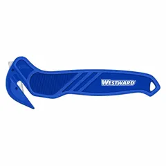 These disposable single-hook safety cutters feature a contoured, textured blue handle and a steel hook with a smooth tape splitter. Each cutter has an overall length of 6 5/8 in. Suitable for cutting tape and packaging materials in warehouse and shipping environments.