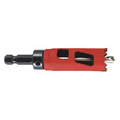 This hole saw cuts through wood, metal, and plastic. It has a 9/16-inch diameter, 5/6 teeth per inch, and a 1/2"-20 thread size. Maximum cutting depth is 1 7/8 inches. The attached arbor allows direct mounting on a drill for quick changes.