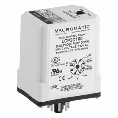 Socket-mounted dual probe level control relay with pump down function. Operates on 120V AC with 10A current rating. Features LED status indicator and 8-pin terminal connection. Contact ratings: 10A @ 240V AC, 7A @ 28V DC. Used for liquid level control in tanks or sumps, de-energizing pump when level drops.