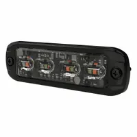 Rectangular perimeter warning light with blue, amber, green, and white LEDs. Operates on 12-24V DC and offers 22 selectable flash patterns. Includes bezel, bolt mount, and 22 AWG cable connection. SAE Class 1 rated for use on emergency and service vehicles