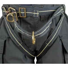 This NFPA Class II harness is constructed with Kevlar webbing and steel hardware, featuring a black finish. It includes pass-through leg strap buckles and no D-rings. Designed for waist sizes from 46 to 56 inches, it meets NFPA 1893 standards for rescue and confined-space operations.