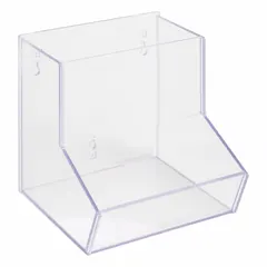 Wall-mounted bulk bin made of clear PETG for organizing miscellaneous lab supplies. Overall dimensions: 8 1/2 in width, 8 3/8 in height, 8 5/8 in length. Transparent construction allows quick visual identification of contents. Suitable for storage in laboratory, cleanroom, or research facility environments.