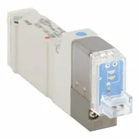 Five-way/two-position, single solenoid, spring-return directional control valve with 3/8 in port size and 24V DC coil. Features internal pilot, plug-in connector, and non-locking manual override. Used to control pneumatic actuators and cylinders in industrial automation systems