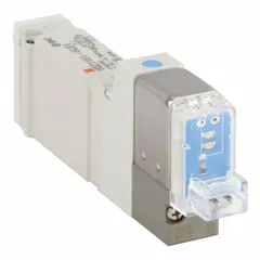 Five-way/two-position, single solenoid, spring-return directional control valve with 3/8 in port size and 24V DC coil. Features internal pilot, plug-in connector, and non-locking manual override. Used to control pneumatic actuators and cylinders in industrial automation systems.